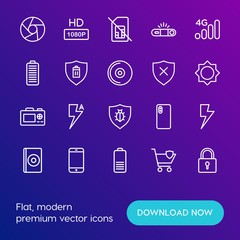 Modern Simple Set of mobile, security, video, photos Vector outline Icons. Contains such Icons as  shot,  modern,  energy,  dual,  sim and more on gradient background. Fully Editable. Pixel Perfect.