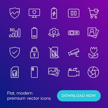 Modern Simple Set of mobile, security, video, photos Vector outline Icons. Contains such Icons as  technology,  web, image,  energy and more on gradient background. Fully Editable. Pixel Perfect.