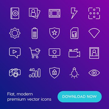 Modern Simple Set of mobile, security, video, photos Vector outline Icons. Contains such Icons as  photography,  safety,  background and more on gradient background. Fully Editable. Pixel Perfect.