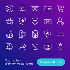 Modern Simple Set of mobile, security, video, photos Vector outline Icons. Contains such Icons as  vintage,  cd,  data,  phone,  no and more on gradient background. Fully Editable. Pixel Perfect.