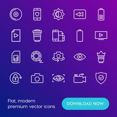 Modern Simple Set of mobile, security, video, photos Vector outline Icons. Contains such Icons as  back, movie, security,  compact, lens and more on gradient background. Fully Editable. Pixel Perfect.