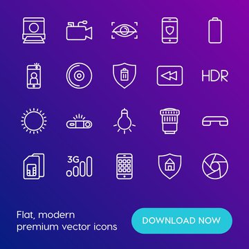 Modern Simple Set of mobile, security, video, photos Vector outline Icons. Contains such Icons as disc,  shot,  phone,  media,  sign and more on gradient background. Fully Editable. Pixel Perfect.