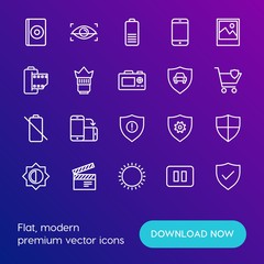 Modern Simple Set of mobile, security, video, photos Vector outline Icons. Contains such Icons as  electronic,  photography,  eye, sunny and more on gradient background. Fully Editable. Pixel Perfect.