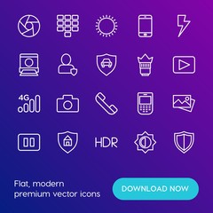 Modern Simple Set of mobile, security, video, photos Vector outline Icons. Contains such Icons as  house,  fashion, technology,  digital and more on gradient background. Fully Editable. Pixel Perfect.