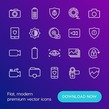 Modern Simple Set of mobile, security, video, photos Vector outline Icons. Contains such Icons as  photo,  picture,  cinema, battery and more on gradient background. Fully Editable. Pixel Perfect.