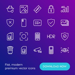 Modern Simple Set of mobile, security, video, photos Vector outline Icons. Contains such Icons as  lock,  check,  business,  eye,  film and more on gradient background. Fully Editable. Pixel Perfect.