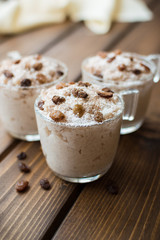 Rice pudding with coconut, cinnamon and raisins.