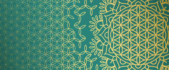 Beautiful gold pattern with symbols of sacral geometry on an emerald background.