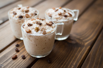 Rice pudding with coconut, cinnamon and raisins.