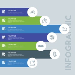 Flat food, health, science, nature infographic steps template with 7 options for presentations, advertising, annual reports.