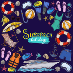 Set of beach summer holidays accessories, sketch cartoon illustration. Vector