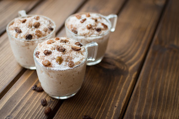 Rice pudding with coconut, cinnamon and raisins.