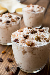 Rice pudding with coconut, cinnamon and raisins.