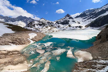 Melting snow and ice near a glacier in the alps due to global warming  - 202165624