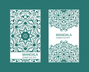 Flyer laser cut mandala. Cut paper card with lace pattern in dark teal. Wedding invitations, postcards and business card templates. Decorative cards for laser cutting.