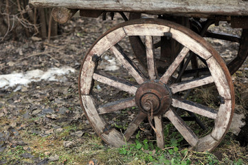 Fototapeta na wymiar Fragment of the old horse cart with a wooden wheel