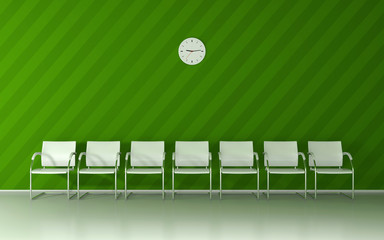 Soft green waiting room with green nice striped wall, white chairs and wall clock 3D render