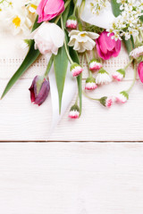 Flowers composition. Frame made of white flowers on white background. Valentine's Day. Flat lay, top view.