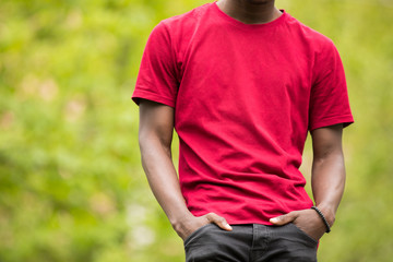 Fototapeta na wymiar Trendy, cropped shot of black man in pink t-shirt