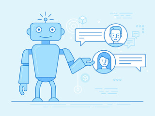 Vector flat linear illustration in blue colors - chatbot concept