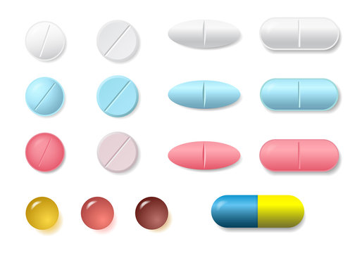 Set Of White, Pink And Blue Round And Oval Medicine Pills And Capsules Of Various Kinds, Isolated Vector On White Background