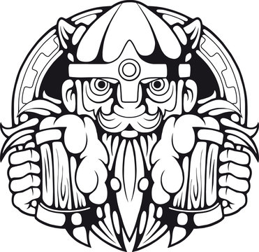 funny viking with beer in hands, illustration design logo
