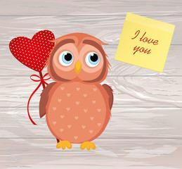 Cute owlet waiting to give heart a gift for Valentine's Day. Gre