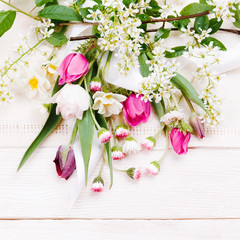 Flowers composition. Frame made of white flowers on white background. Valentine's Day. Flat lay, top view.