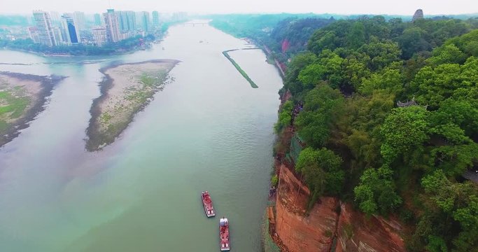 Aerial view of Leshan China Giant Buddha, 4k