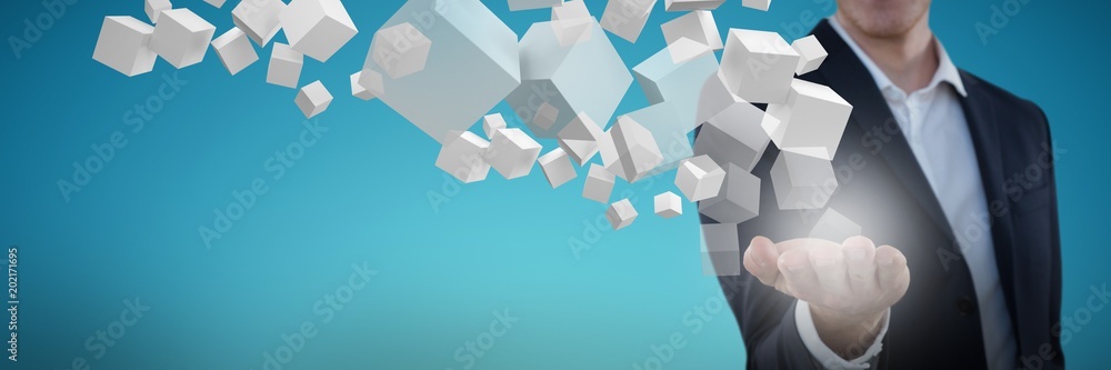 Poster composite image of close-up of businessman presenting object