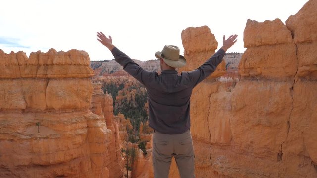 A Man Admires The Nature Of The Bryce Canyon, Raises His Hand And Turns Aside