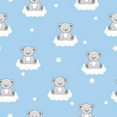 Seamless pattern with cute teddy bears and clouds.