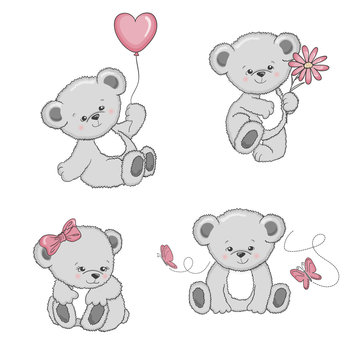 Set of cute cartoon Teddy Bears isolated on white background. Vector illustration.