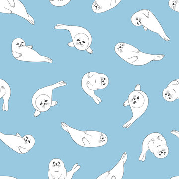 Seamless pattern with cute cartoon baby Seal Pups on blue. Vector background.
