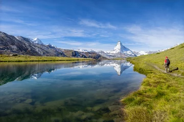 Crédence de cuisine en verre imprimé Cervin Stellisee und Matterhorn in den Schweizer Alpen bei Zermatt, Kanton Wallis, Schweiz