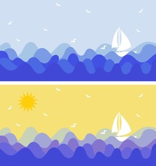 Set of lanscapes with birds and ship sailing the sea or ocean background