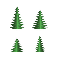 Green paper fir tree set with spruces of different sizes and shapes isolated on white background. Modern art city park, garden or forest natural elements, vector illustration.
