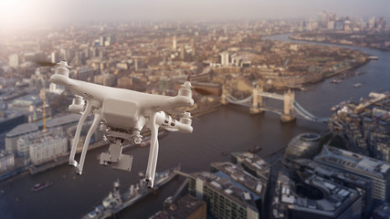 Drone flying over cityscape of London