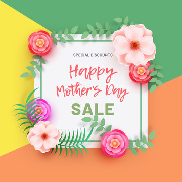 Happy Mohter's Day decorated text with beautiful flowers and green leafs on colorful background. Sale Banner or Sale Poster Background.