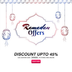 Fototapeta na wymiar Ramadan Best Offers Banner Design on abstract colorful background with crescent moon and discount upto 45%.off offer.