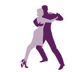 Silhouettes of couple dancing passionate argentine tango isolated on white background