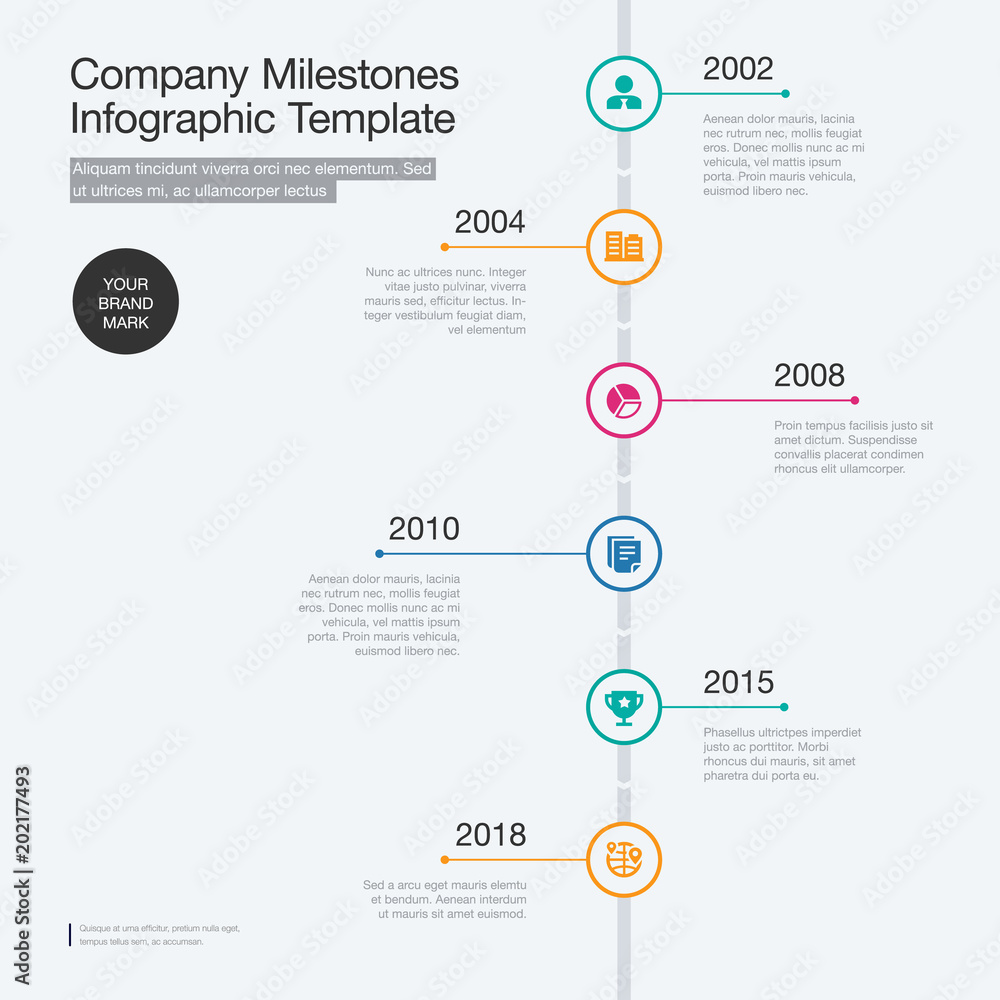 Poster Vector infographic for company milestones timeline template with colorful circles isolated on light background. Easy to use for your website or presentation.