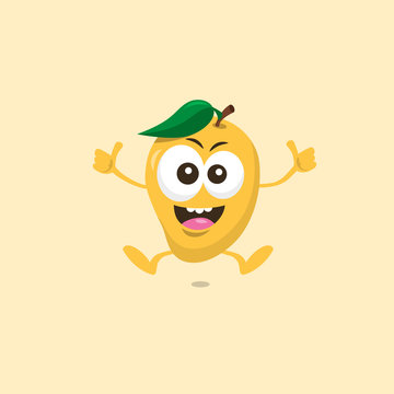 Illustration of cute happy mango mascot recommends with big smile isolated on light background. Flat design style for your mascot branding.
