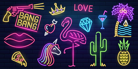 Set of fashion neon sign. Night bright signboard, Glowing light banner. Summer logo, emblem. Club or bar concept on dark background. Editable vector. Pink Flamingo cactus lips pizza cocktail pineapple - obrazy, fototapety, plakaty