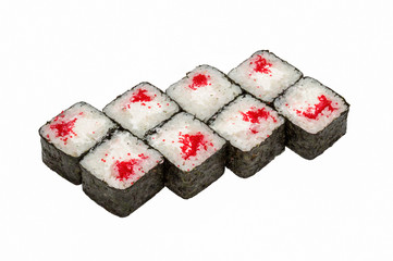 Japanese cuisine, sushi rolls on a white background isolated, close-up.