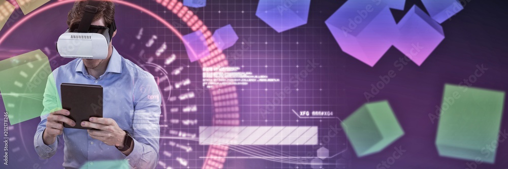 Poster composite image of businessman working with vr while using