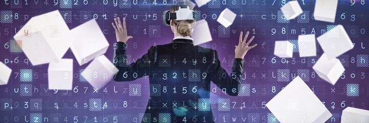 Composite image of backside of businesswoman working with vr