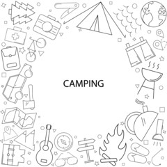 Camping background from line icon. Linear vector pattern