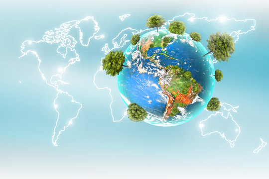Ecological concept of the environment with the cultivation of trees. Planet Earth. Physical globe of the earth. Elements of this image furnished by NASA. 3D illustration
