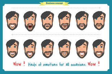 Set of male facial emotions. young man emoji character with different expressions. Vector illustration in cartoon style.People's faces, man, boy, person, user.Male characters.businessman.Joy, laughter